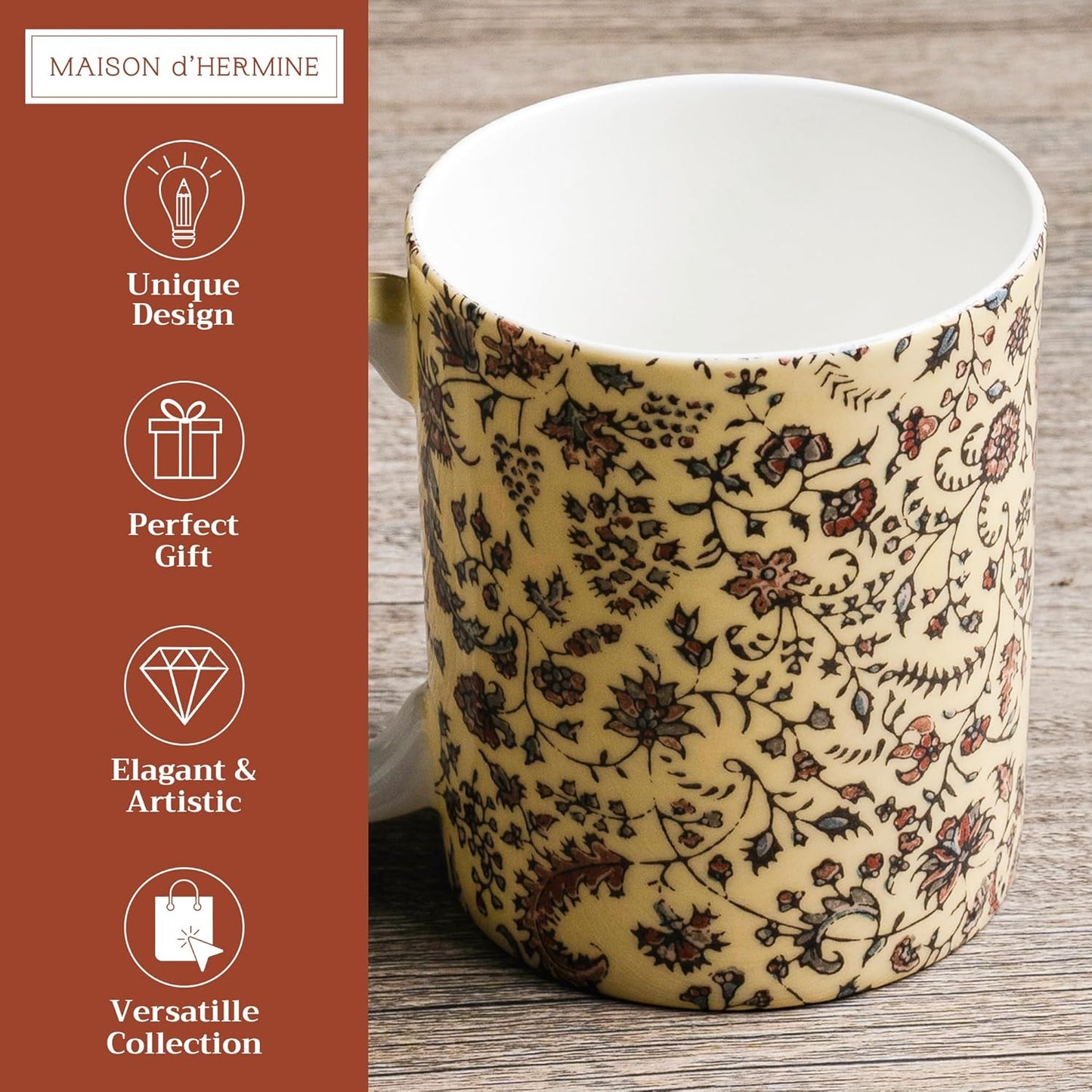 Maison d' Hermine Coffee Mug with Handles Fine Bone China Mugs Pack of One Tea Cups for Hot Beverages Cappuccino Latte Home Restaurant Office Perfect for Gift (Lakshmi - Daya, 12 Ounce)