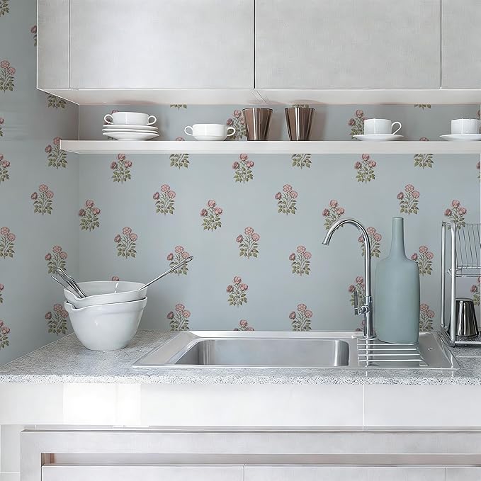 17.3" x 196.8" Vintage Blue Floral Wallpaper Peel and Stick Boho Wallpaper - Image 8