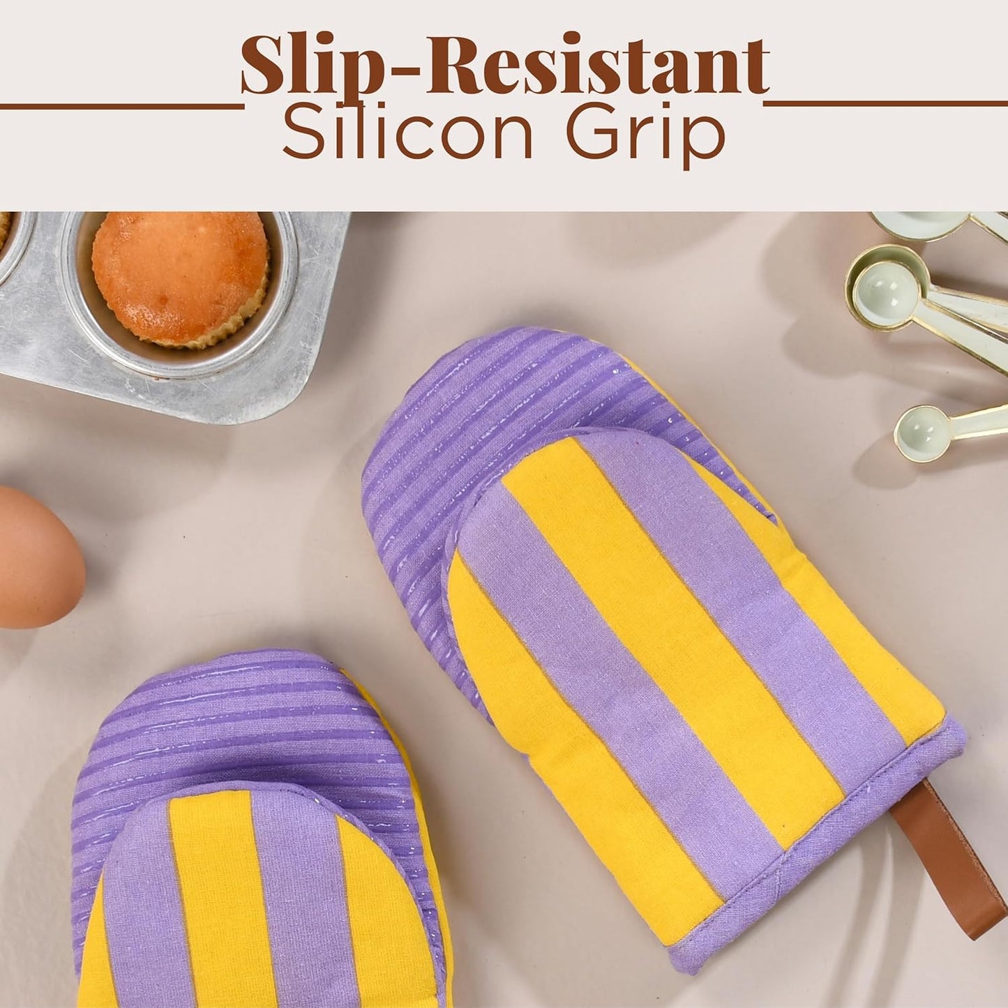 Folkulture Mini Oven Mitts Heat Resistant | (5.75x9) Set of 2 Purple Short Oven Mitts with Hanging Loop | 100% Cotton Oven Gloves or Kitchen Mittens | Small Oven Mitt Set or Yellow Silicone Oven Mit