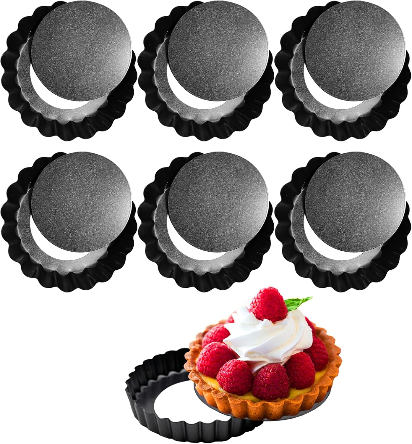 6 Pack Mini Tart Pans 4 Inch with Removable Bottom Round Non-stick Deep Quiche Pan, Heavy Duty Fluted Side for Pies, Egg Tart Molds for Baking, Mousse Cakes, Fruit and Desserts (4 Inch 6pcs)