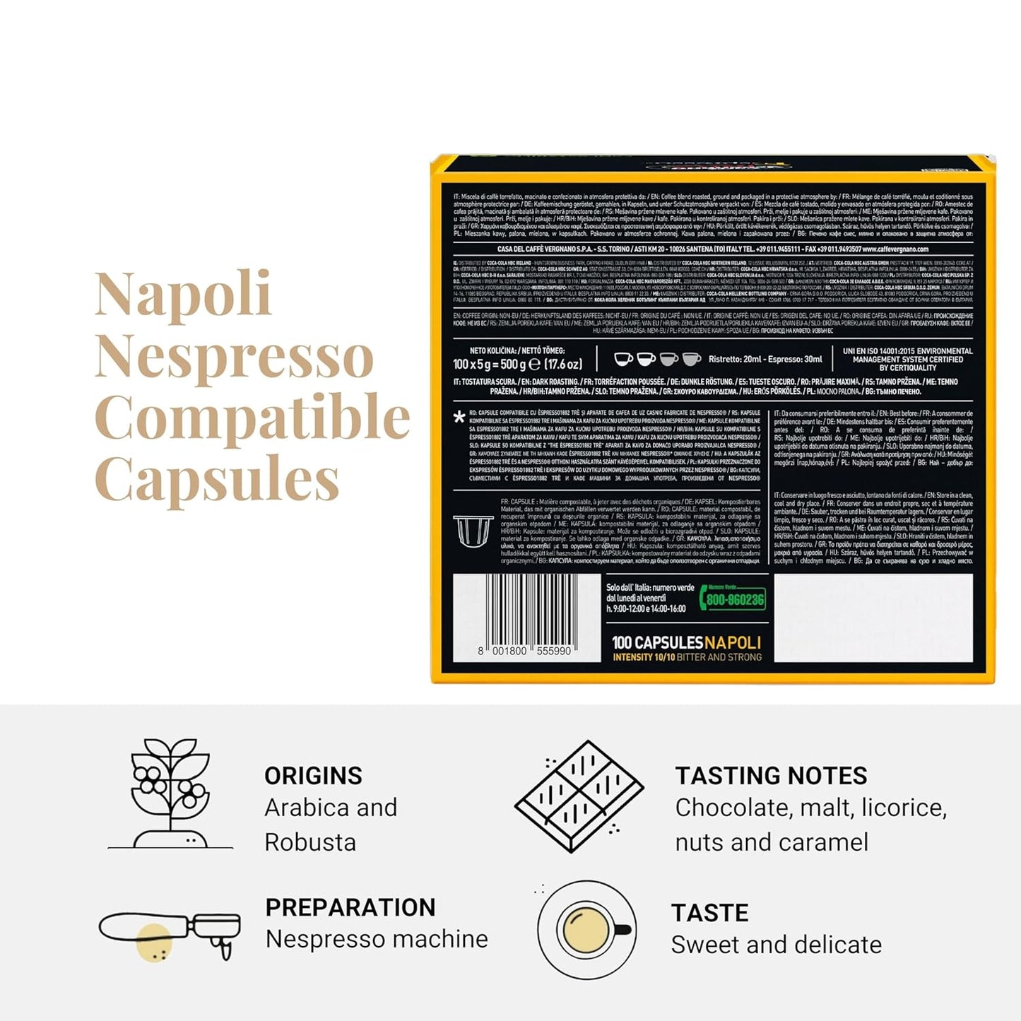 Caffe' Vergnano 1882 Medium Roast Espresso Original Line Machine Compatible Capsules, Single-Serve Arabica Robusta Espresso Coffee, Italian Coffee for Nespresso Machine, Intensity 10/10, Napoli, 100 Ct