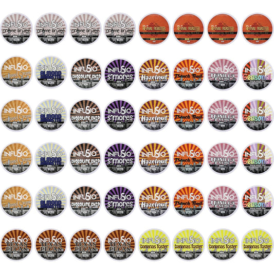InfuSio Flavored Coffee Pods Variety Pack – 48 Count, 12 Gourmet Medium Roast Dessert-Inspired Blends like Bananas Foster & Crème Brûlée, Compatible with Keurig K-Cup 2.0 Brewers