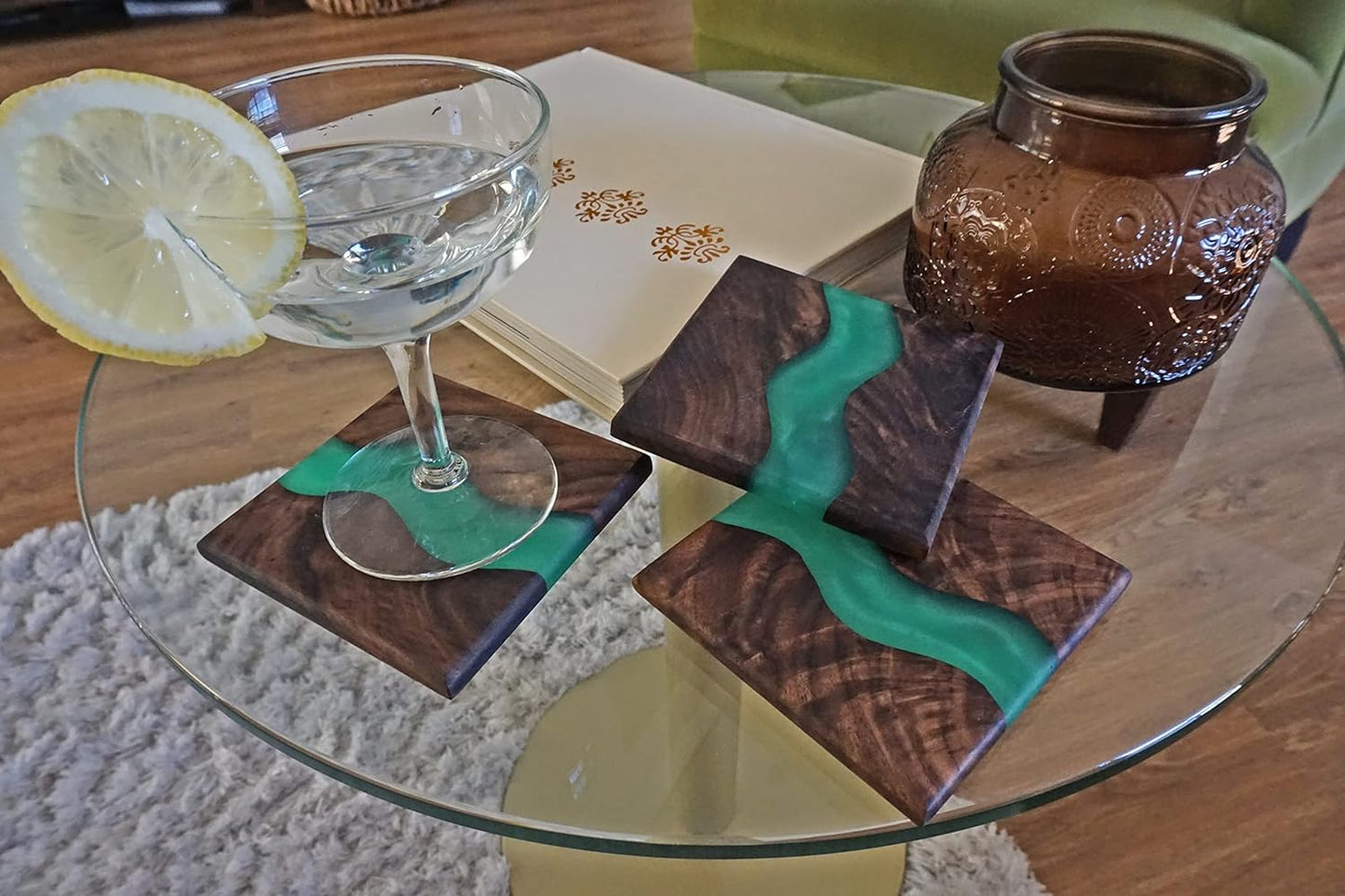 Wood Coaster Set for Drinks | Handmade with Dark Walnut & Natural Wood Sealant Finish for Water Resistance, Easy Cleaning & No Stains | Epoxy Resin River (4 Pieces) (Green)