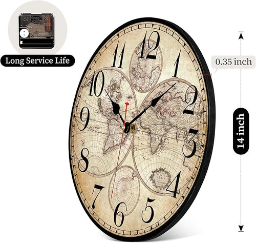 14 Inch Wooden Wall Clock Globe World Map Retro Vintage Rustic Wall Clocks - Image 2