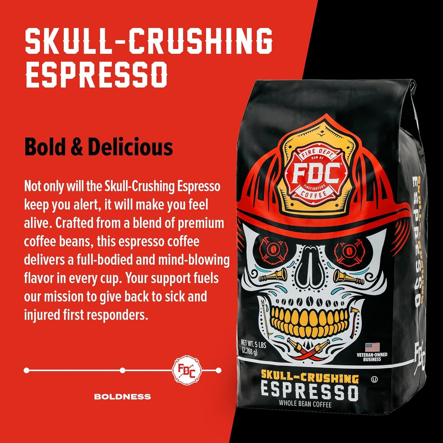 Fire Department Coffee - Gives Back to Firefighters - Full-Bodied & Bold Skull Crushing Espresso Coffee Beans - Roasted in the USA - Premium Espresso Beans - Veteran Owned - Bulk 5 LB