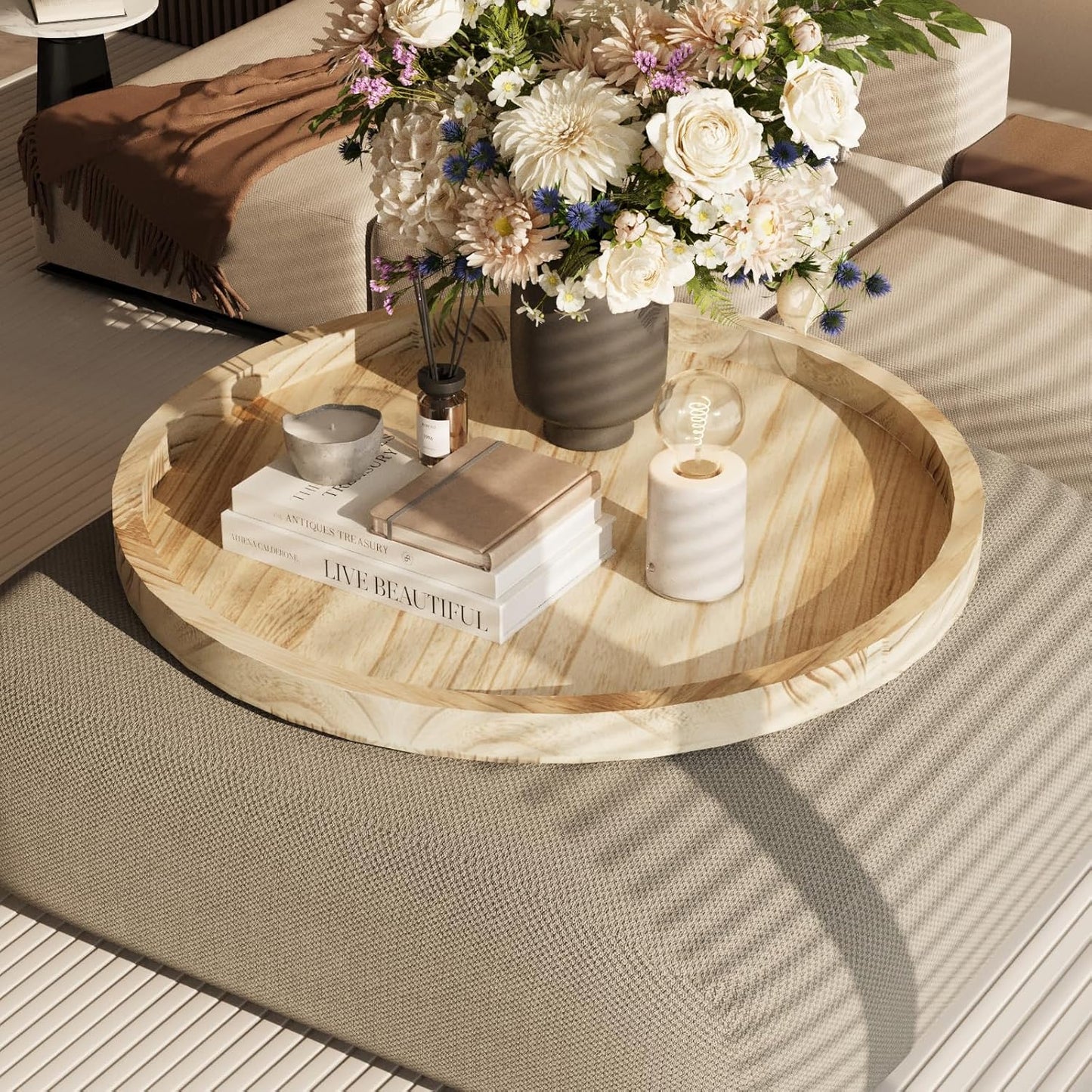 Round Ottoman Tray for Coffee Table Living Room Wood Serving Tray Large Wooden 24 Inches Rustic Torched