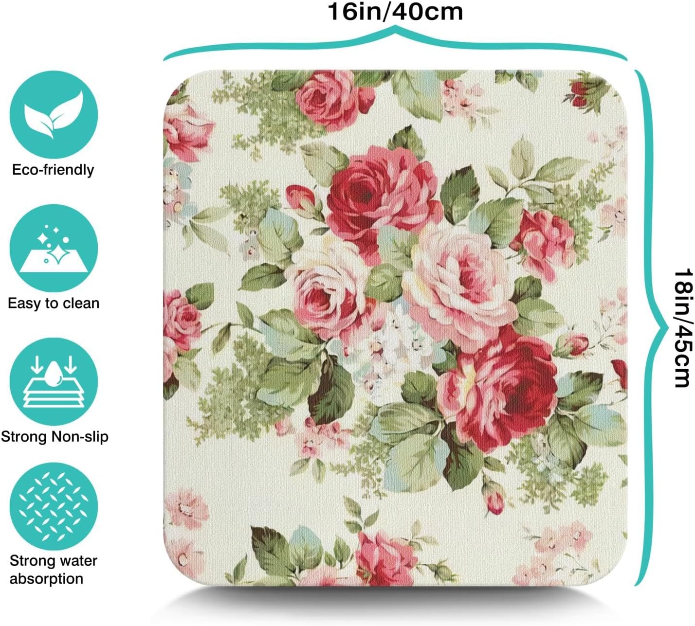 Dish Drying Mat for Kitchen Counter 16x18in Red Roses Floral Washable Quick Dish Drying Pad Rubber Backed Absorbent Draining Mat