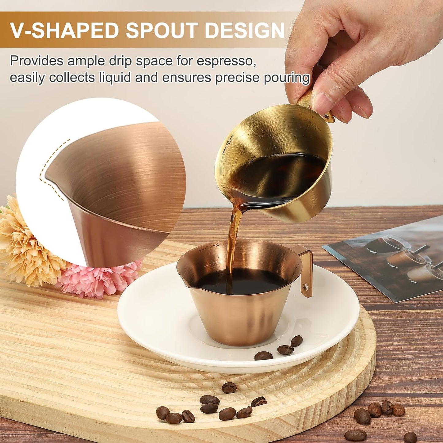 uxcell 2 Pcs Stainless Steel Espresso Cup with Handle, V-Shaped Mouth Espresso Measuring Cup with Scale for Preparing Coffee, Cocktails, 3.4OZ/100ML (Gold)