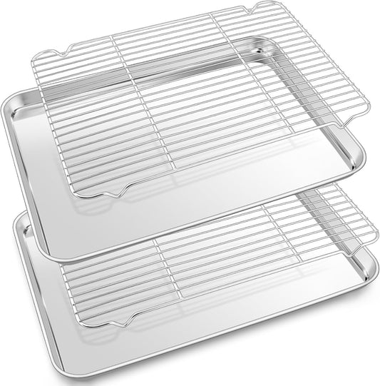 P&P CHEF 17.5 Inch Stainless Steel Baking Sheet with Rack Set (2 Pans+ 2 Racks), Cookie Sheets Baking Trays and Cooling Wire Racks, Oven & Dishwasher Safe, Pans with Flat Racks