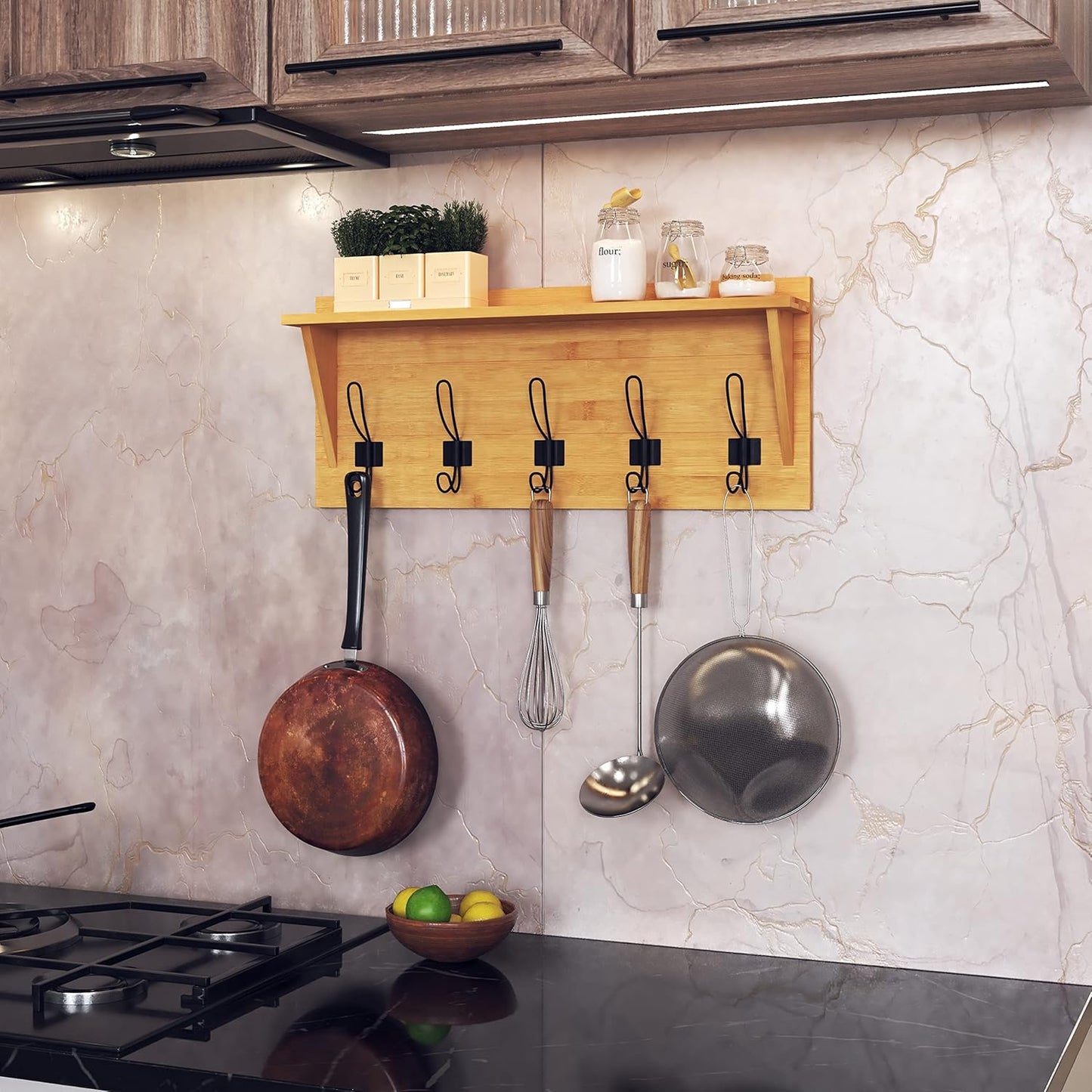 HBCY Creations Rustic Wall Mounted Coat Rack with Shelf - Solid Wood 24" Entryway Shelf with 5 Coat Hangers. Perfect Touch for Your Entryway, Mudroom, Kitchen, Bathroom and More, Bamboo