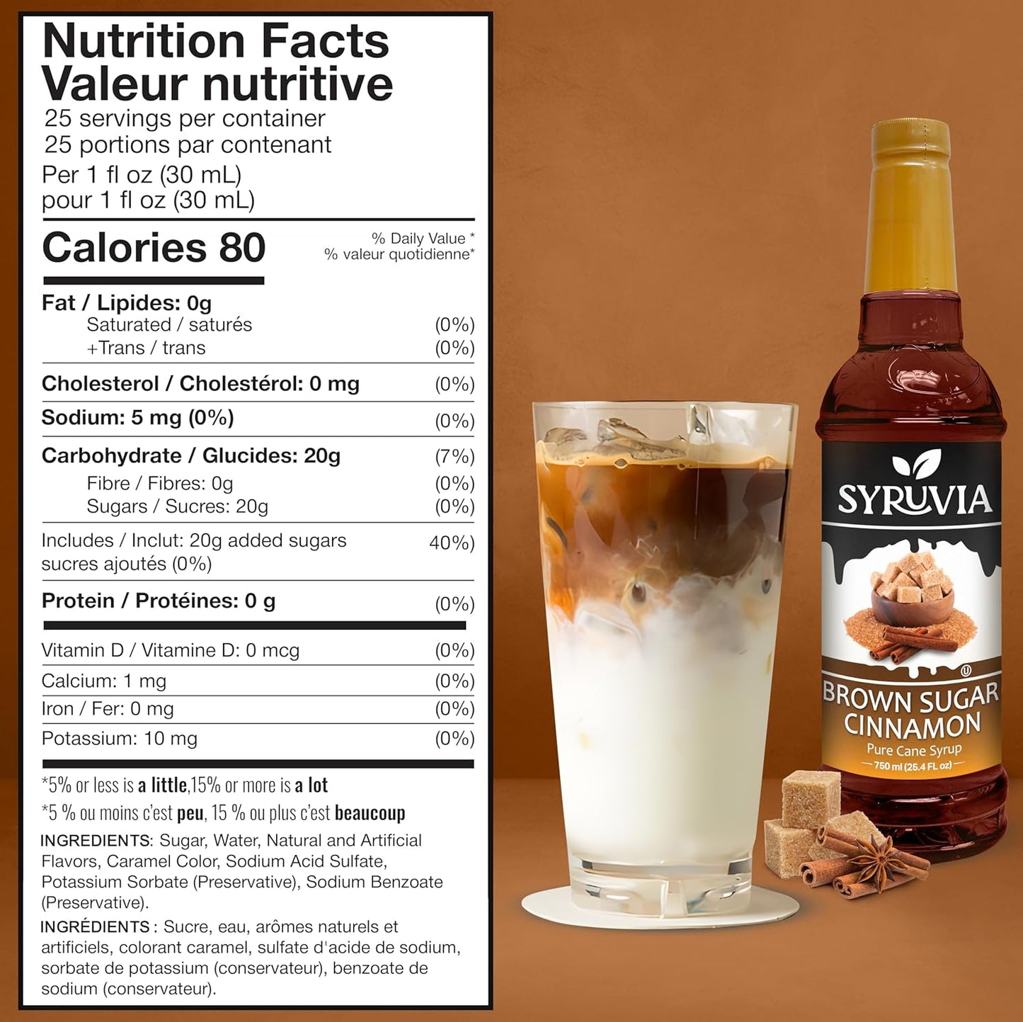 Syruvia Brown Sugar Cinnamon Syrup for Coffee 25.4 Ounces Brown Sugar Cinnamon Coffee Syrup Flavor,