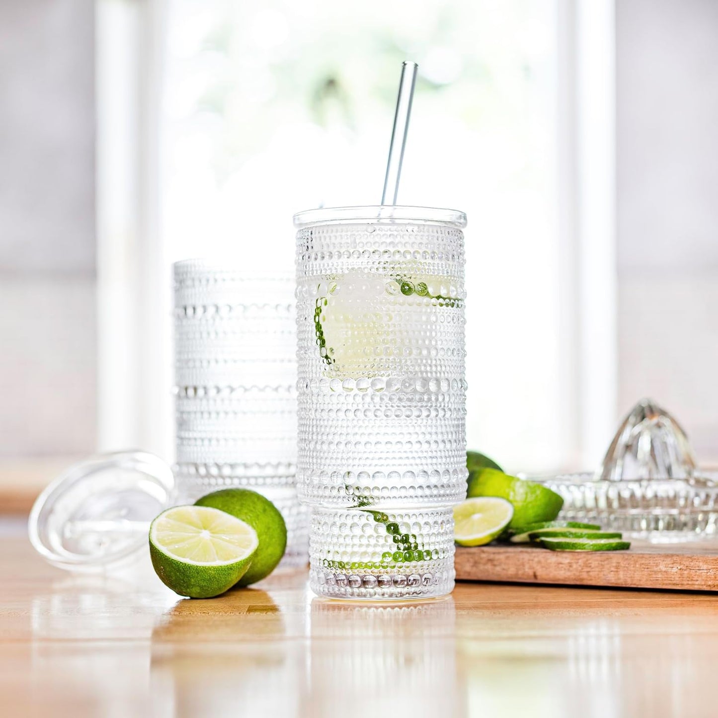 All Glass Hobnail Tumbler with Glass Lid and Straw, Beaded Style Set of 2 (16 oz Hobnail)