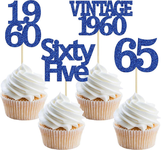 Gyufise 24Pcs Vintage 1960 Cupcake Toppers Glitter Cheers to 65 Fabulous Sixty Five Cupcake Picks 65th Birthday Wedding Anniversary Party Cake Decorations Supplies Deep Blue