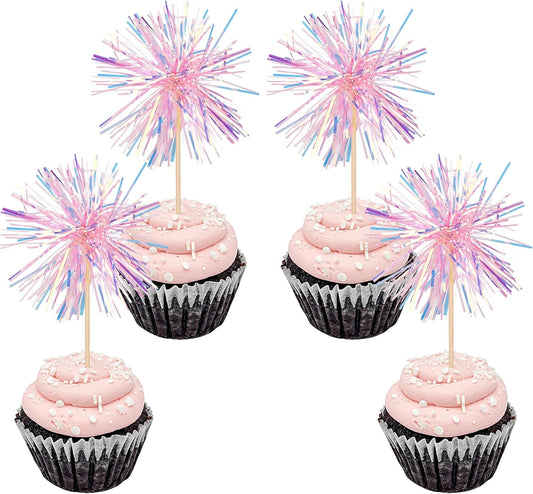 30 PCS Foil Firework Cupcake Toppers Happy Birthday Cupcake Toppers Sparkle Tinsel Flower Drink Stirrers Cocktail Fruit Toothpicks for Valentine's Day Baby Shower Party Cake Decor Supplies Pink