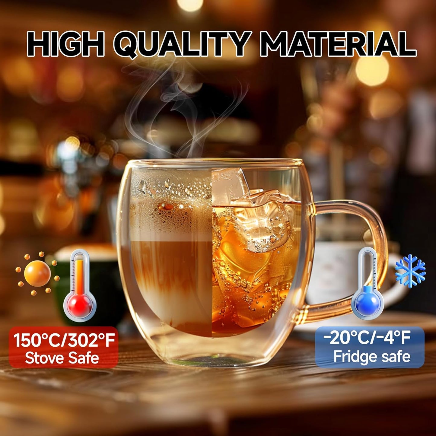 Set of 4 Double Walled Glass Coffee Mugs 8 Ounces Insulated Layer Coffee Cups with Handle Borosilicate Glass Espresso Cup for Hot Beverage,Cappuccino,Tea,Latte,Wine,Microwave Safe