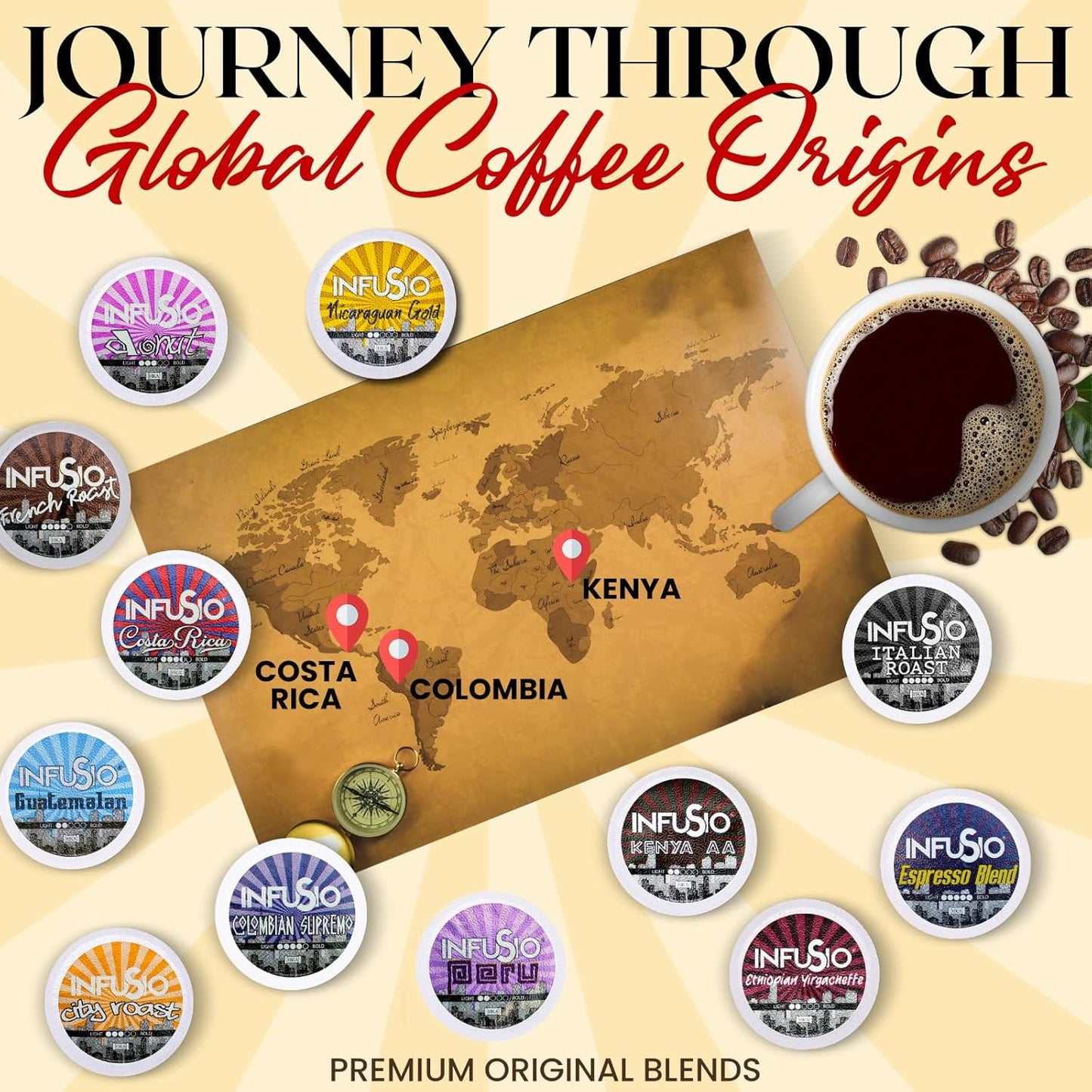 InfuSio Coffee Pods Variety Pack – 96 Count, 12 Sophisticated Medium & Dark Roast Blends, Crafted Blends Collection – Premium Single-Serve Coffee, Compatible with Keurig K-Cup 2.0 Brewers