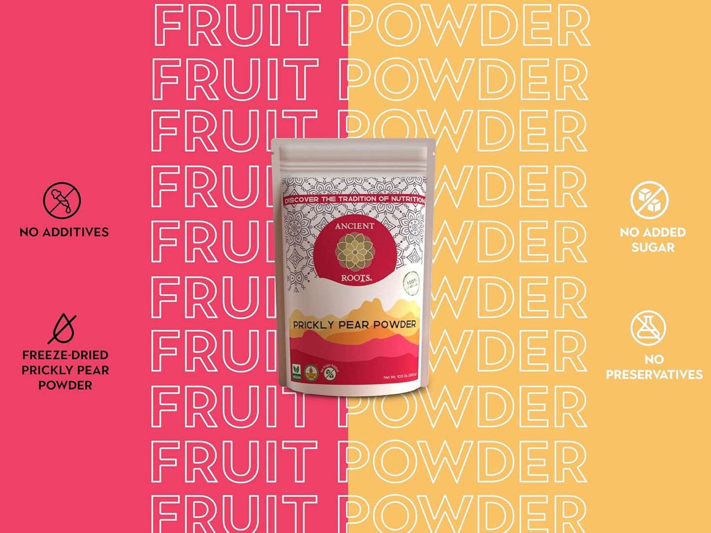 Ancient Roots Prickly Pear Powder - Freeze-Dried, All-natural, No Sugar Added, Cocktail Mix, Smoothie and Tea Mix, Resealable Pouch - 10.5 ounces (75 servings)