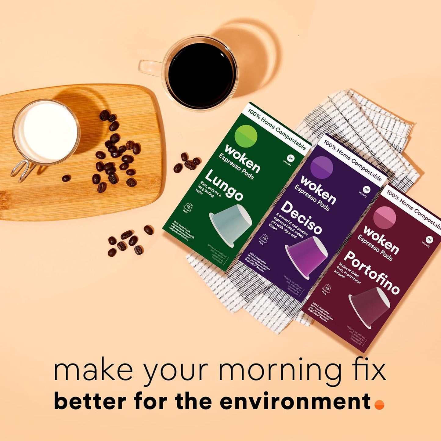 WOKEN COFFEE Compostable Nespresso Pods Variety Pack - Dark and Medium Roast Italian Espresso - Compostable Coffee Pods Compatible with Nespresso Machine (60 Pod Count, 6 Boxes)