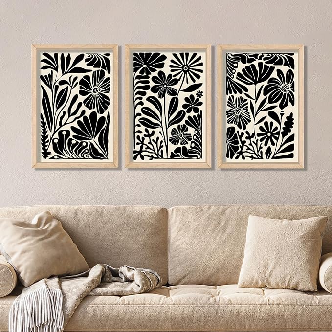 YWJKWLGS Abstract Floral Wall Art Set of 3, 16x24 Inch Black Boho Flower Prints - Image 3