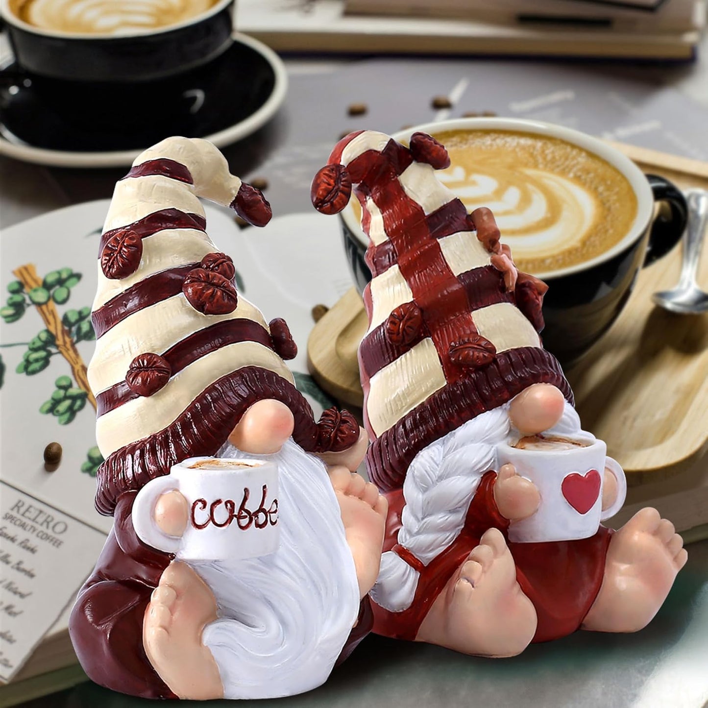 2PCS Coffee Gnomes Figurines Home Christmas Decoration Fall Gnomes Coffee Bar Accessories Decor Elfs Statue Cute Resin Housewarming Gifts for Women Tiered Tray Table Ornament,Sit 4.7H