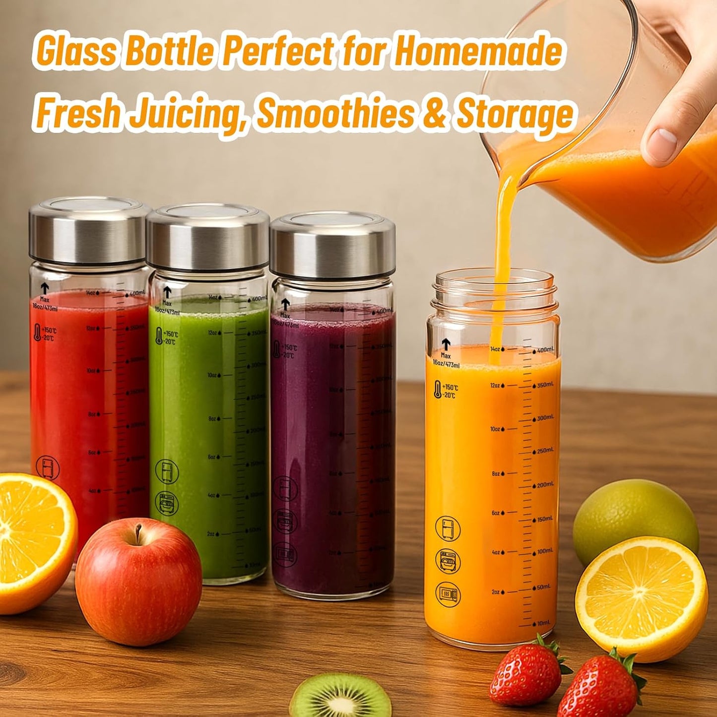 12oz Glass Water Bottles with Lids, 4 Pack Reusable Wide Mouth Juice Bottles with Stainless Steel Caps, Leakproof Borosilicate Glass for Juicing, Smoothies & Storage, BPA-Free,Dishwasher Safe