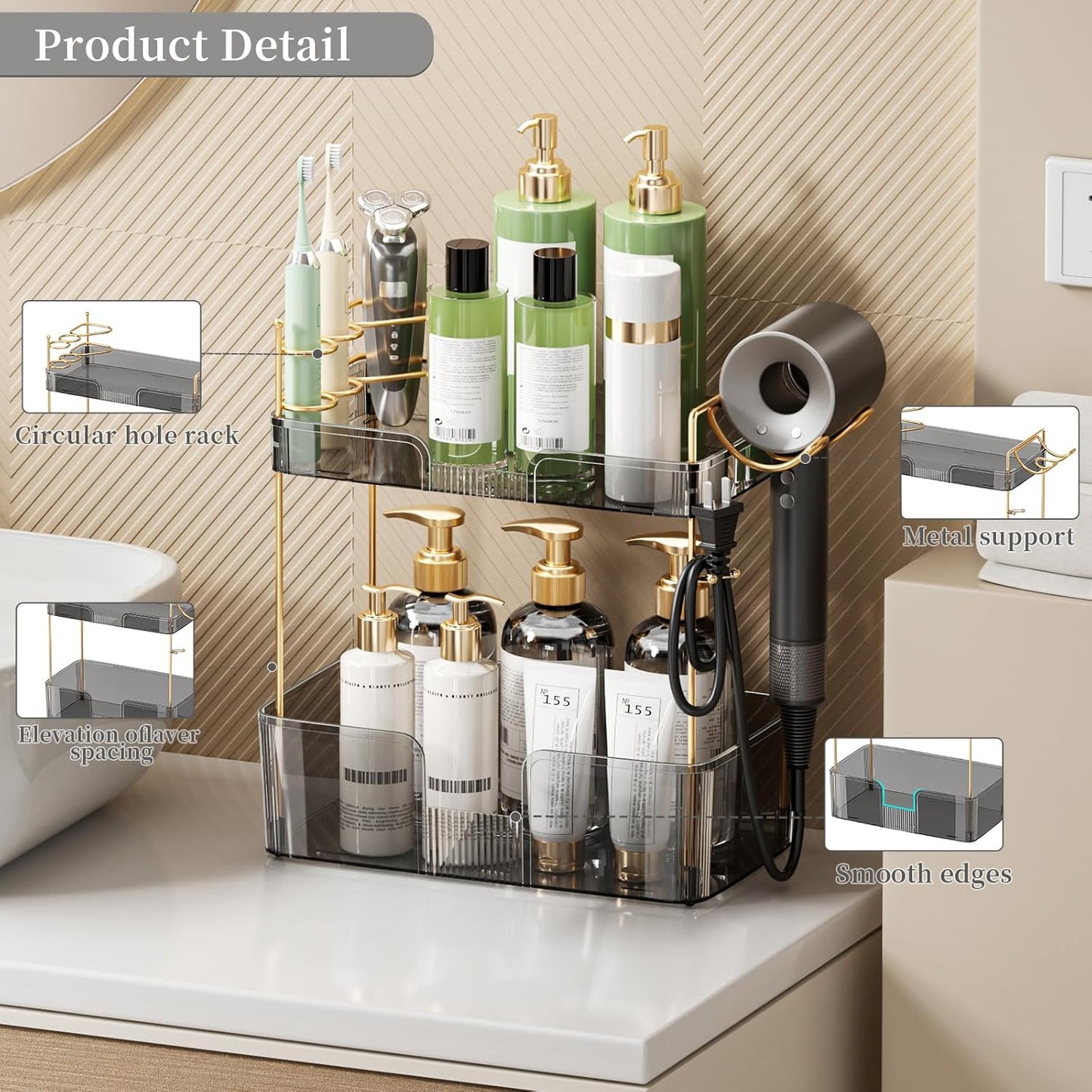 YCIA&DONE Bathroom Counter Organizer, Large Makeup Organizer Countertop, Shelf Storage, Vanity Tray, Easily Assemble for Bathroom Organizers and Storage, Undersink, Cabinet, 2 Tiers Grey