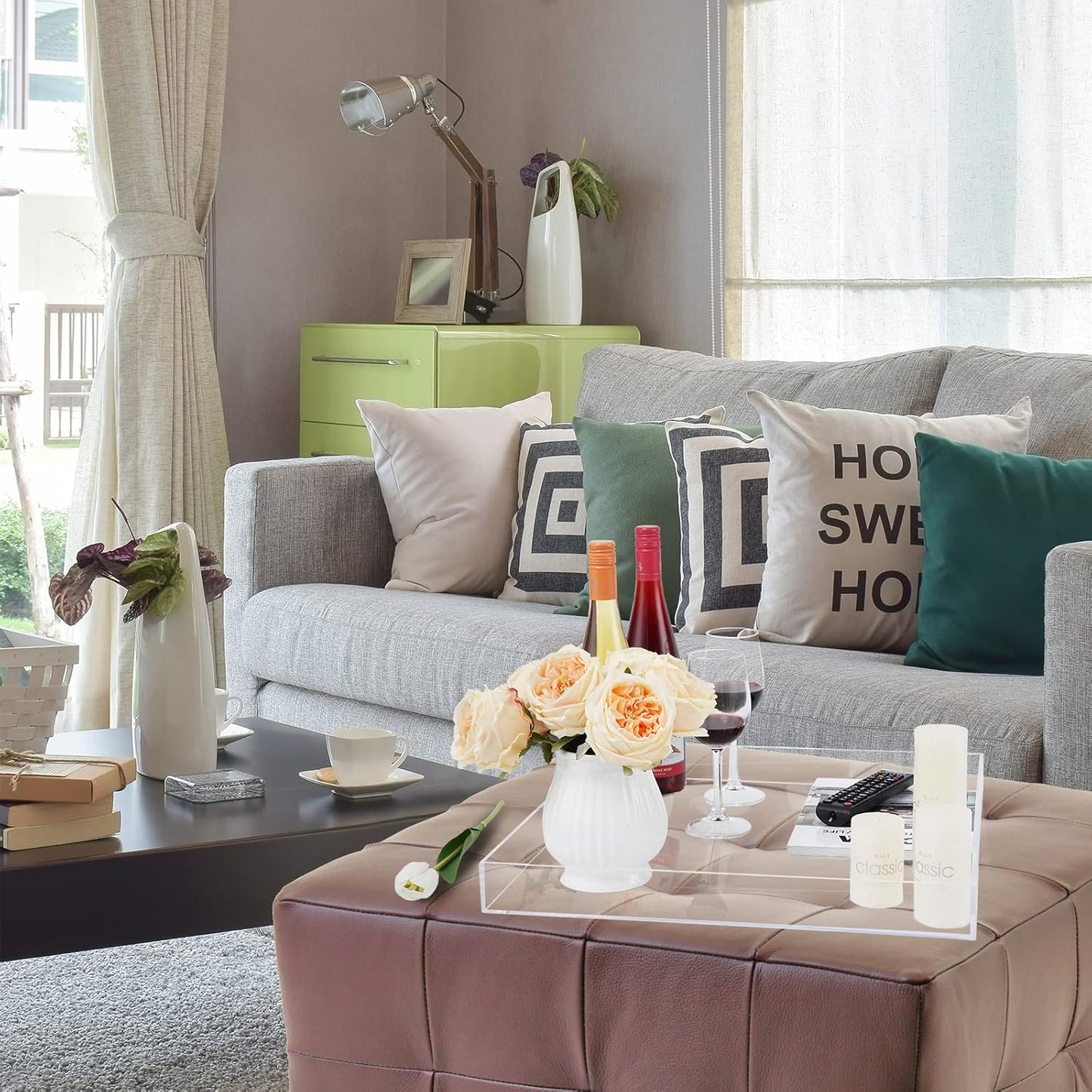 20×20 Inches Oversize Extra Large Sturdy Clear Acrylic Serving Tray King Size Decorative Big Ottoman Trays with Cut Out Handles Water Proof Bed Tray Coffee Counter Top Organizer