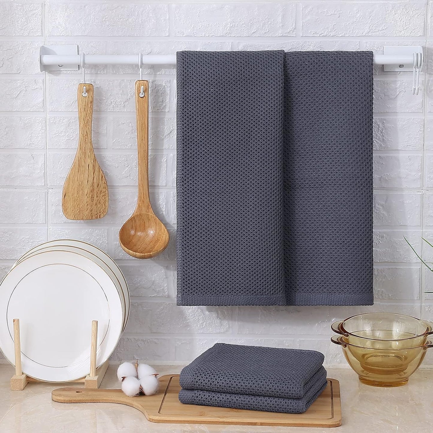 Kitinjoy 100% Cotton Waffle Weave Kitchen Towels, 8-Pack Super Soft and Absorbent Dish Towels for Drying Dishes, Kitchen Hand Towels, 13 in x 28 in, Dark Grey