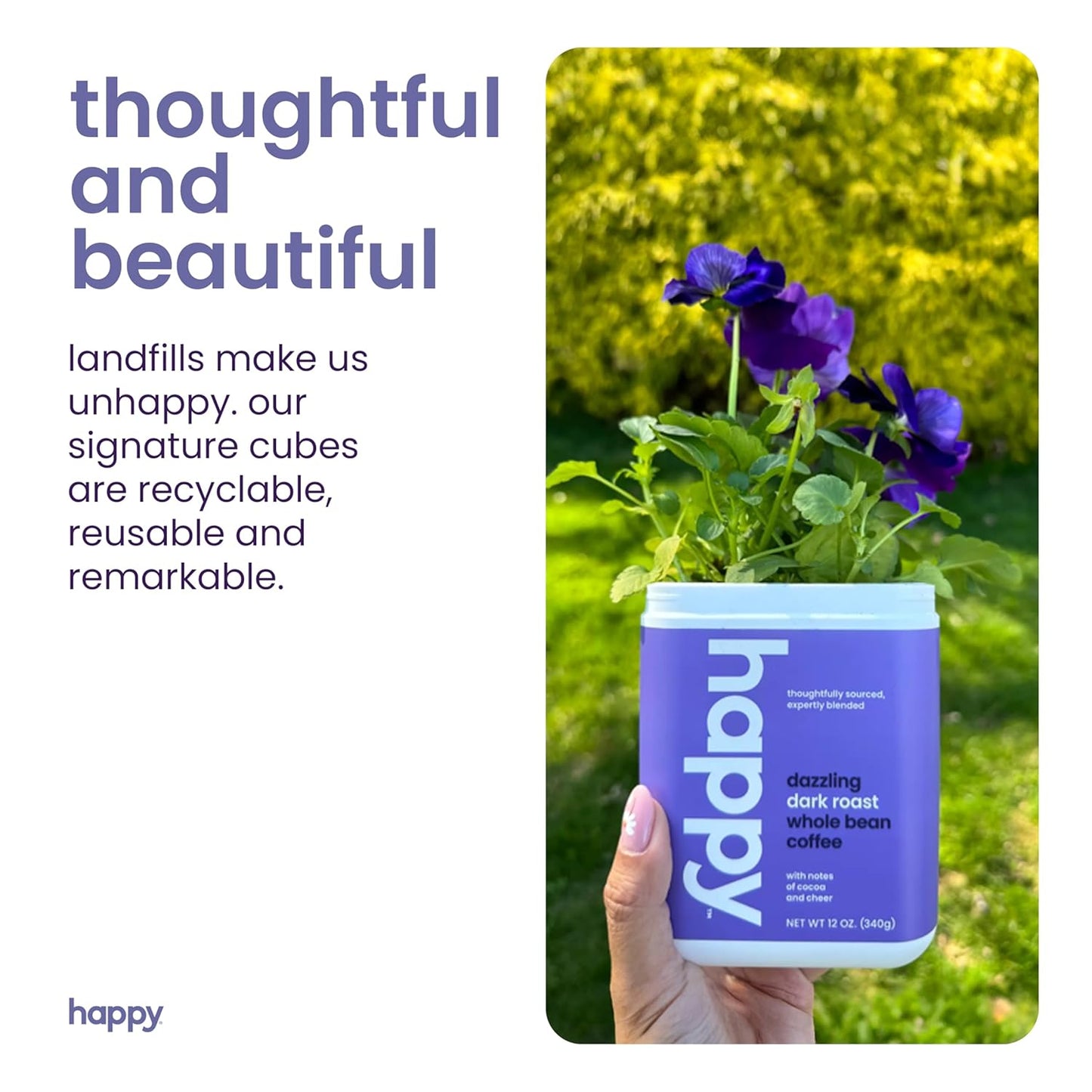 happy coffee dark roast coffee pods, 22 count, notes of cocoa & contentment, compatible with most K-cup brewers, rainforest alliance certified