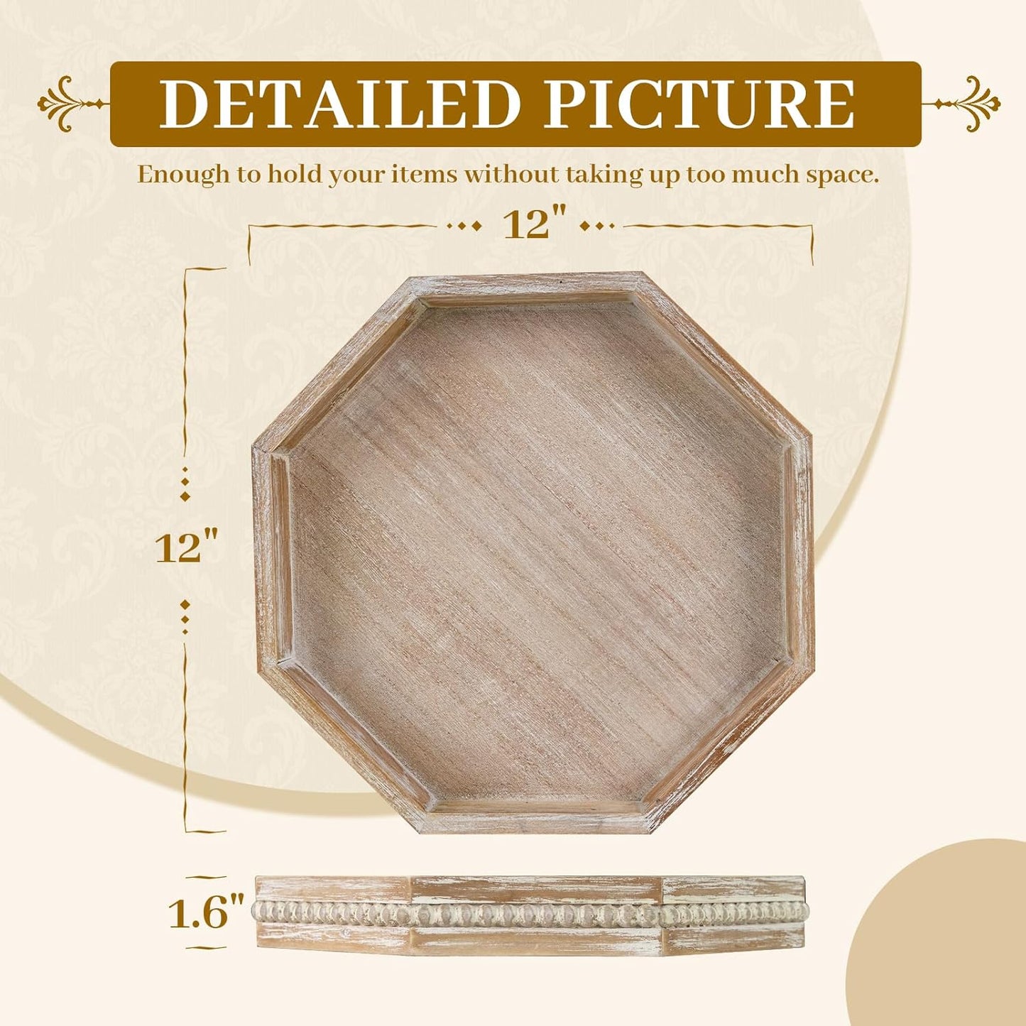 MAONAME Wood Serving Tray,Farmhouse Wooden Tray with Beads, Washed White Octagonal Serving Tray，Coffee Table Tray for Living Room, Kitchen, 12" X 12" X 1.6"