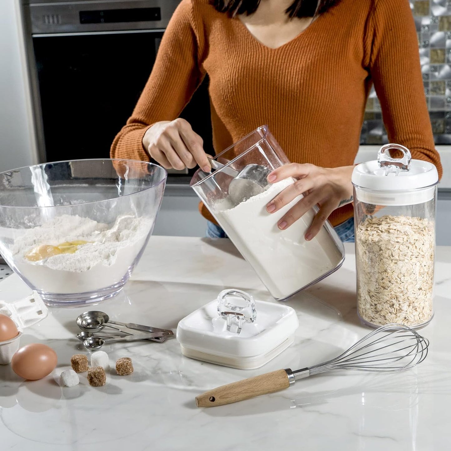 Felli Flip Tite Acrylic Food Storage Container with Lid 6” XL Air Tight Ring Seal Flip Top, Plastic Kitchen Baking Canister for 5 lb Flour Sugar Rice Protein Powder Pantry Organizer (Nest-M, White)