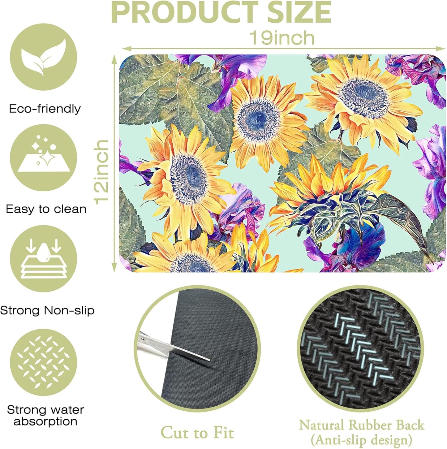 Dish Drying Mat Watercolor Sunflowers Irisflowers Floral Kitchen Mat 12"x19" Bsorbent Coffee Maker Mat for Dishes,Utensils Coffee Maker Pots and Pans Easy Clean Dish Slip Resistant Pad
