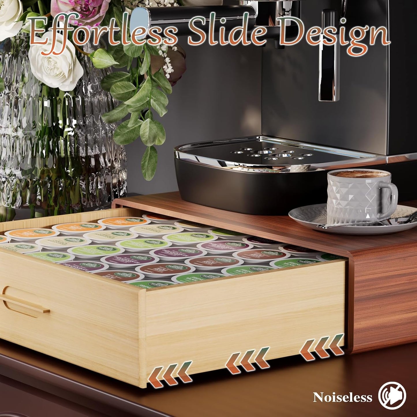 Wooden Kcup Holder for Counter,Tea and Nespresso Coffee Pod Storage Drawer,Nespresso K Cup Organizer,Keurig Pod Holder Organizer,Nespresso Coffee Bar Accessories