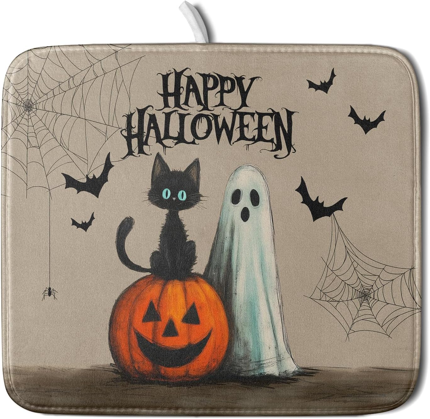 Happy Halloween Black Cat Ghost Dish Drying Mat for Kitchen Counter,Halloween Pumpkin Spiderweb Bat Drying Mat 16 x 18 Inch with High Absorbent Microfiber Drainer Mat for Coffee Bar
