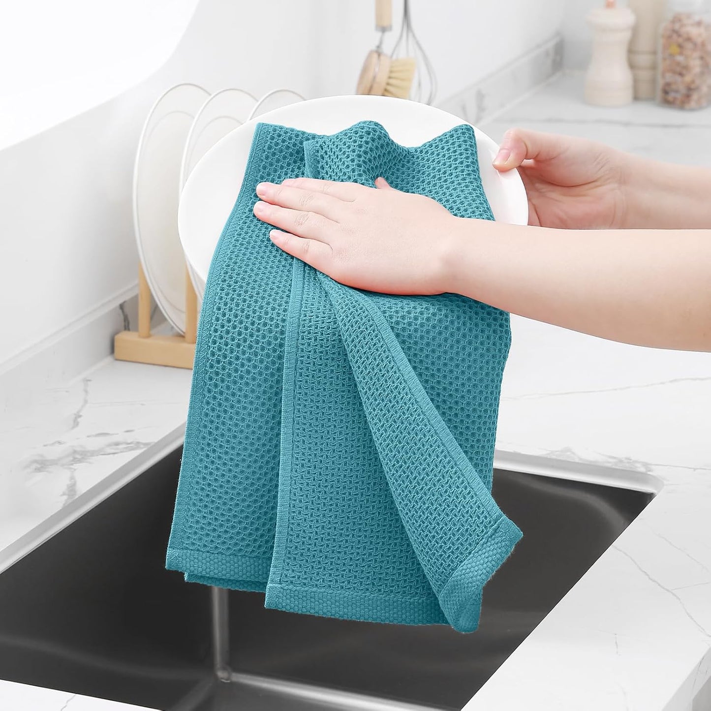 Homaxy 100% Cotton Waffle Weave Kitchen Dish Towels, Ultra Soft Absorbent Quick Drying Cleaning Towel, 13 x 28 Inches, 6-Pack, Lake Blue