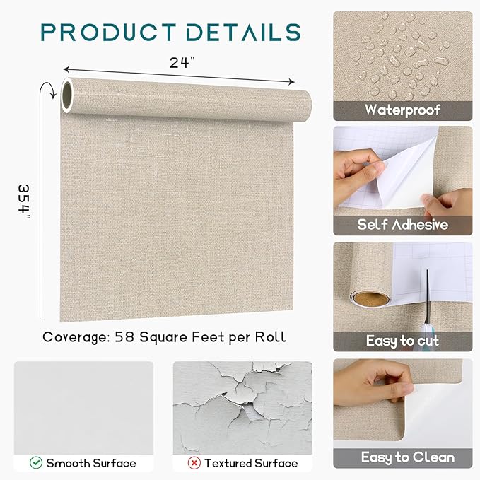 VEELIKE Beige Grasscloth Peel and Stick Wallpaper Textured Neutral Grasscloth - Image 9
