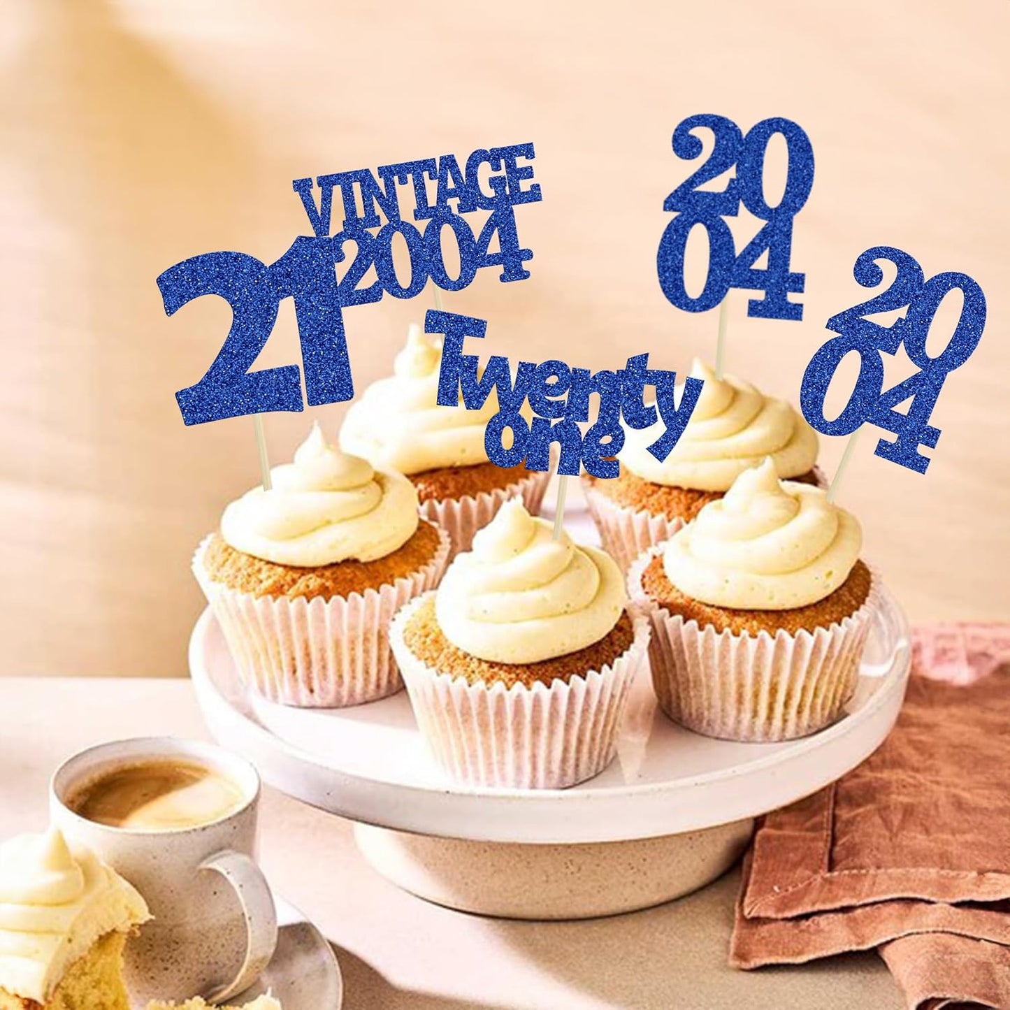 Gyufise 24Pcs 21st Birthday Cupcake Toppers Glitter Twenty-one Vintage 2004 Cheers to 21 Cupcake Picks Birthday Cake Decorations for Happy 21st Anniversary Party Supplies Deep Blue