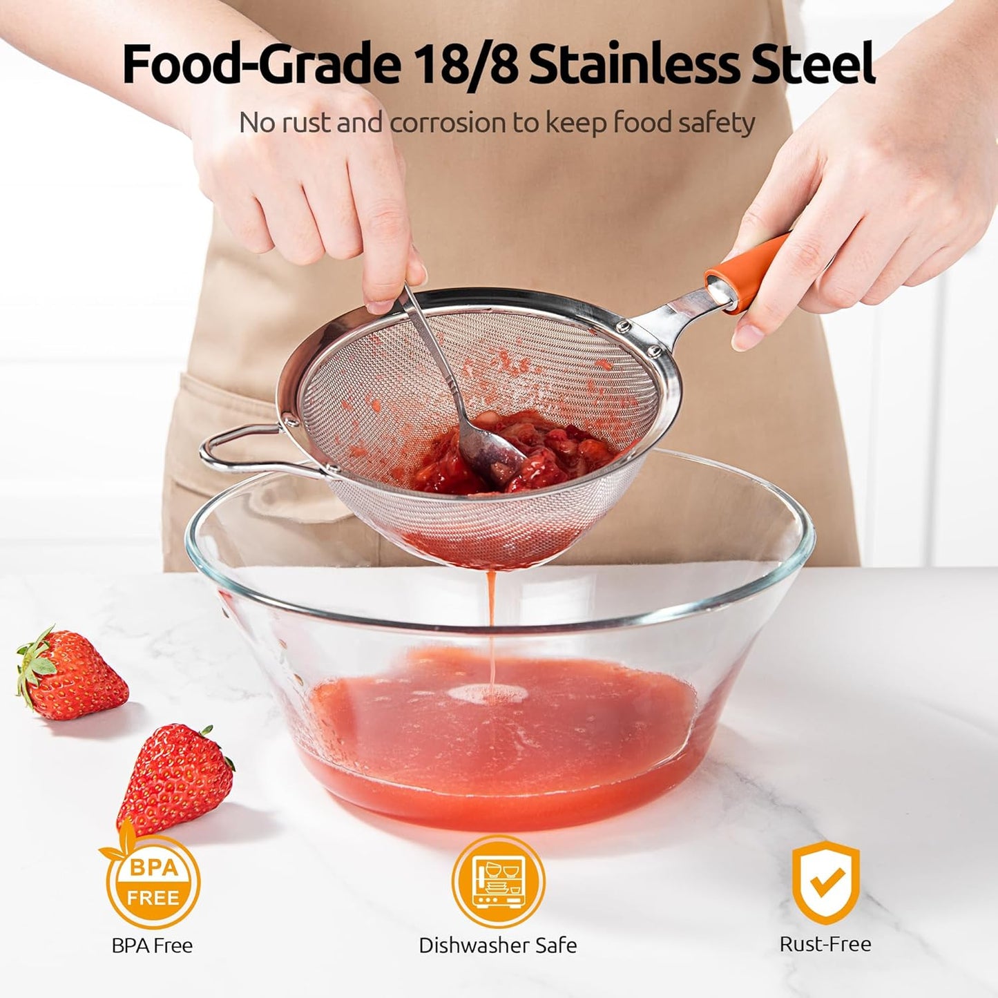 U-Taste Medium Fine Mesh Strainer: 18/8 Stainless Steel 4.73in 30 Mesh Kitchen Food Sieve with Sturdy Riveted Silicone Handle, Heavy Duty Deep Handheld Metal Colander for Rice, Quinoa, Flour (Orange)