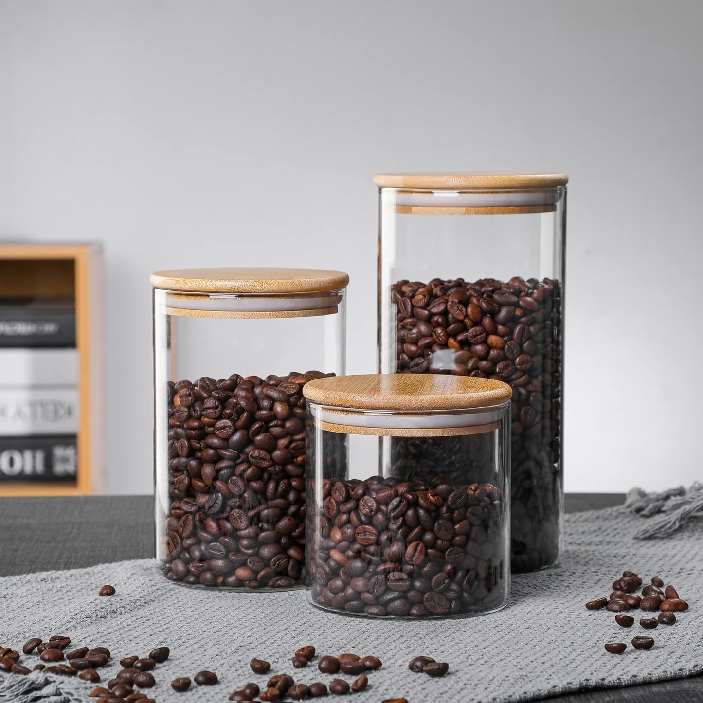 MOLFUJ 960 ML / 32 FL Oz Glass Storage Container with Wood Lid, Stackable Clear Decorative Organizer Bottle Canister Pantry Jar with Air Tight Wooden Lid for Food, Coffee, Candy, Sugar, Salt, Tea