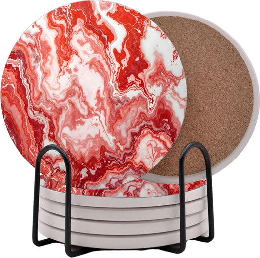 Light Red Agate Marble Round Coasters Set of 6 - Abosrbent Ceramic Coasters with Metal Stand for Drinks, Coffee, Non-Slip Cork Back for Tabletop Protection, 4 Inches Marbled Pattern (Light)