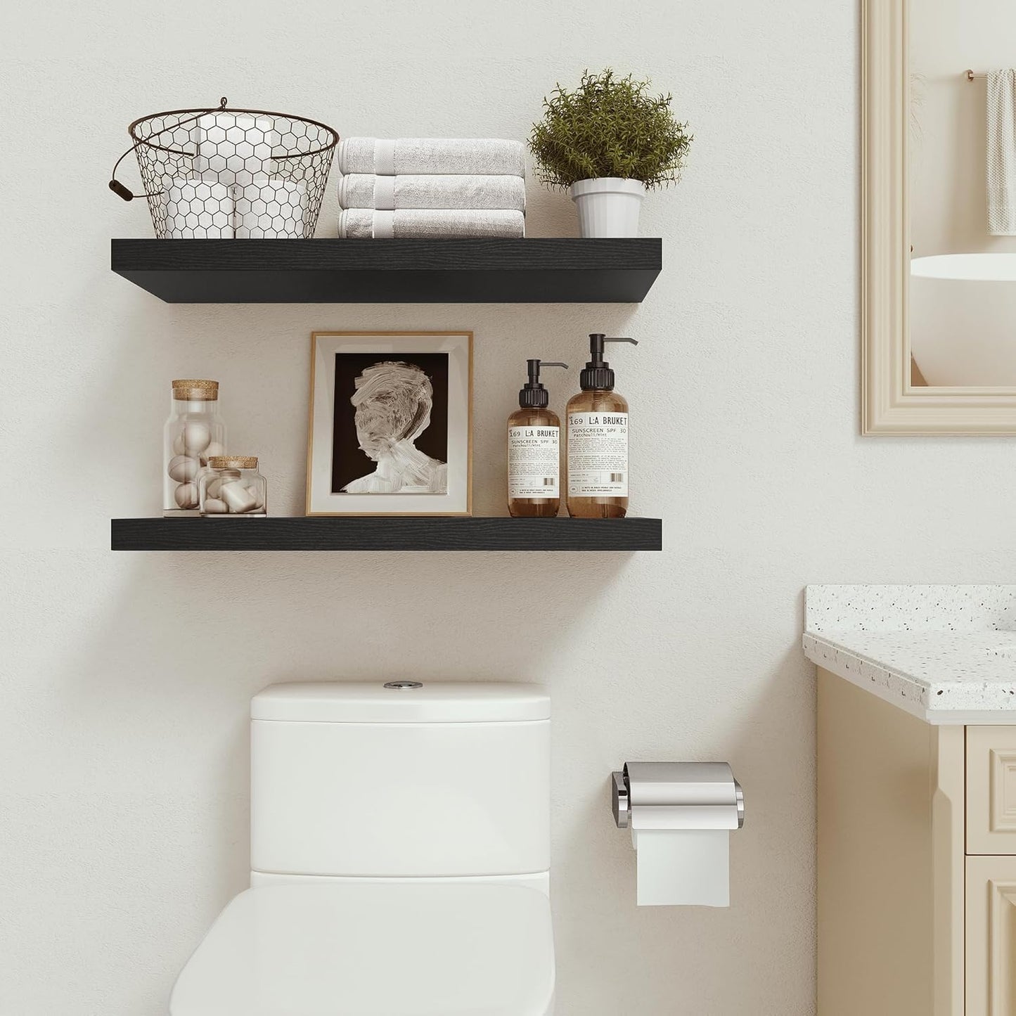 Vivelove Black Floating Shelves for Wall Mounted, 24 inchs x 9.1” Deep x 1.6” Thick Wall Shelves for Bedroom, Living Room, Bathroom，Kitchen, Office, Home Decor Shelf with Invisible Bracket - Set of 2