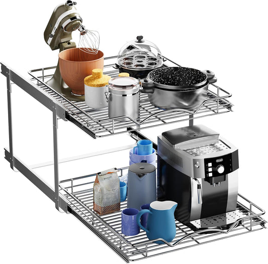HOLDN’ STORAGE Two Tier Pull Out Cabinet Organizer, Individual Sliding Drawers - Heavy Duty Metal with Lifetime Limited Warranty - Anti Rust Chrome Finish - 20" W x 21”D x 16.5" H