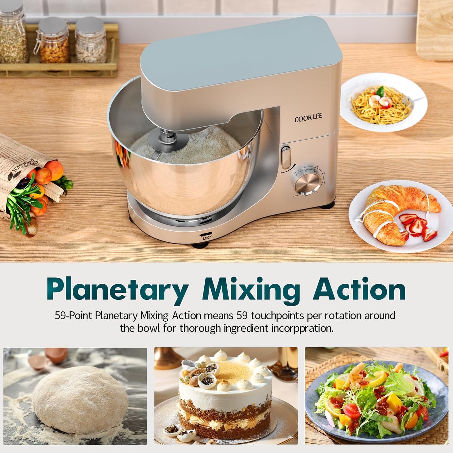 COOKLEE Stand Mixer, 9.5 Qt. 660W 10-Speed Electric Kitchen Mixer with Dishwasher-Safe Dough Hooks, Flat Beaters, Wire Whip & Pouring Shield Attachments for Most Home Cooks, Silver