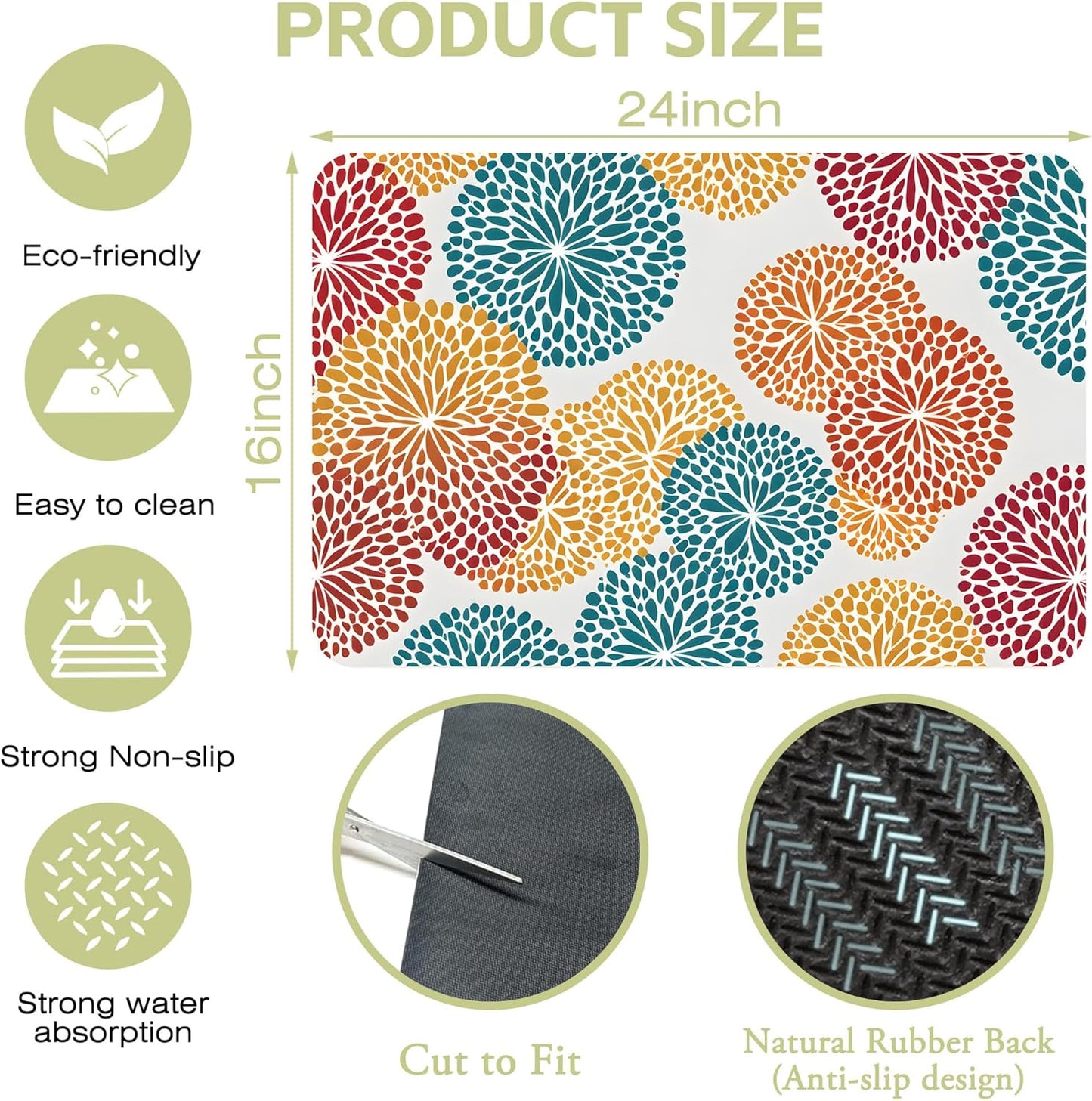 Abstract Floral Elements Dish Drying Mat Artifical Floral Kitchen Mat 16"x24" Bsorbent Coffee Maker Mat for Dishes,Utensils Coffee Maker Pots and Pans Easy Clean Dish Slip Resistant Pad