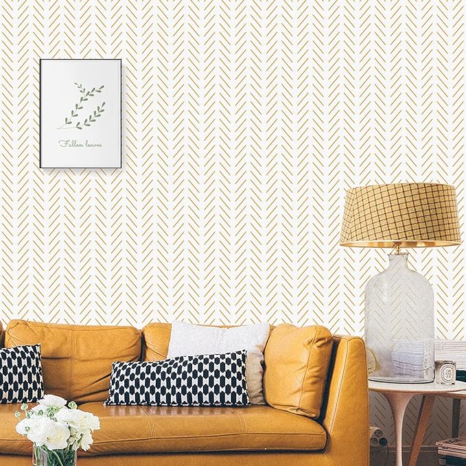 Erfoni Yellow and White Peel and Stick Wallpaper Modern Herringbone Wallpaper - Image 9