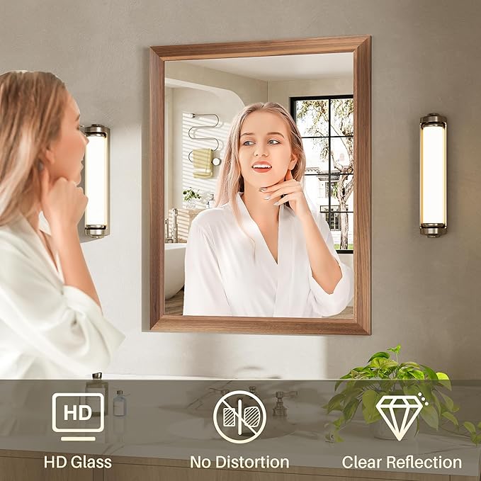 24x30 Inch Bathroom Mirror for Wall, Anti-Rust Walnut Wood Grain Metal Framed - Image 6
