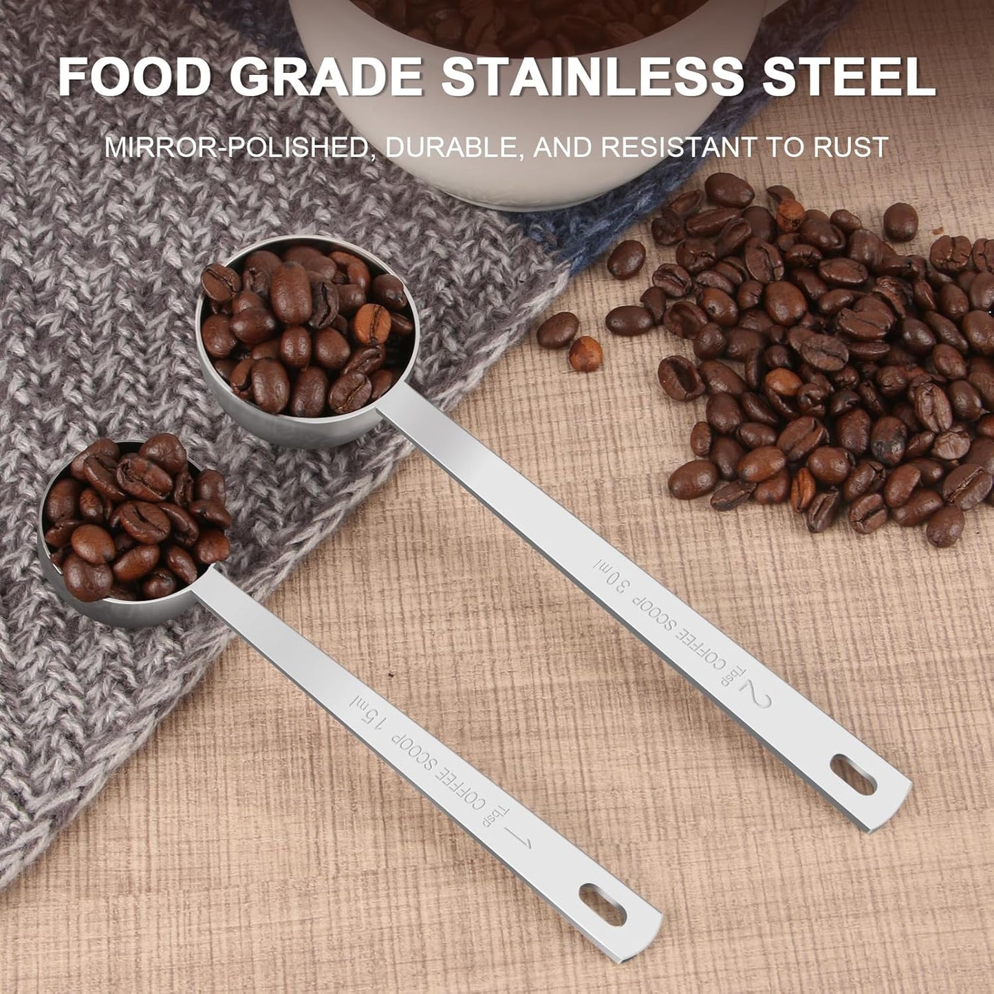 Coffee Scoop Set, Tablespoon Scoop 2 Pc Set (1 Tbsp & 2 Tbsp), Stainless Steel Measuring Spoons for Ground Coffee with Long Handles, for Tea, Sugar, or Flour