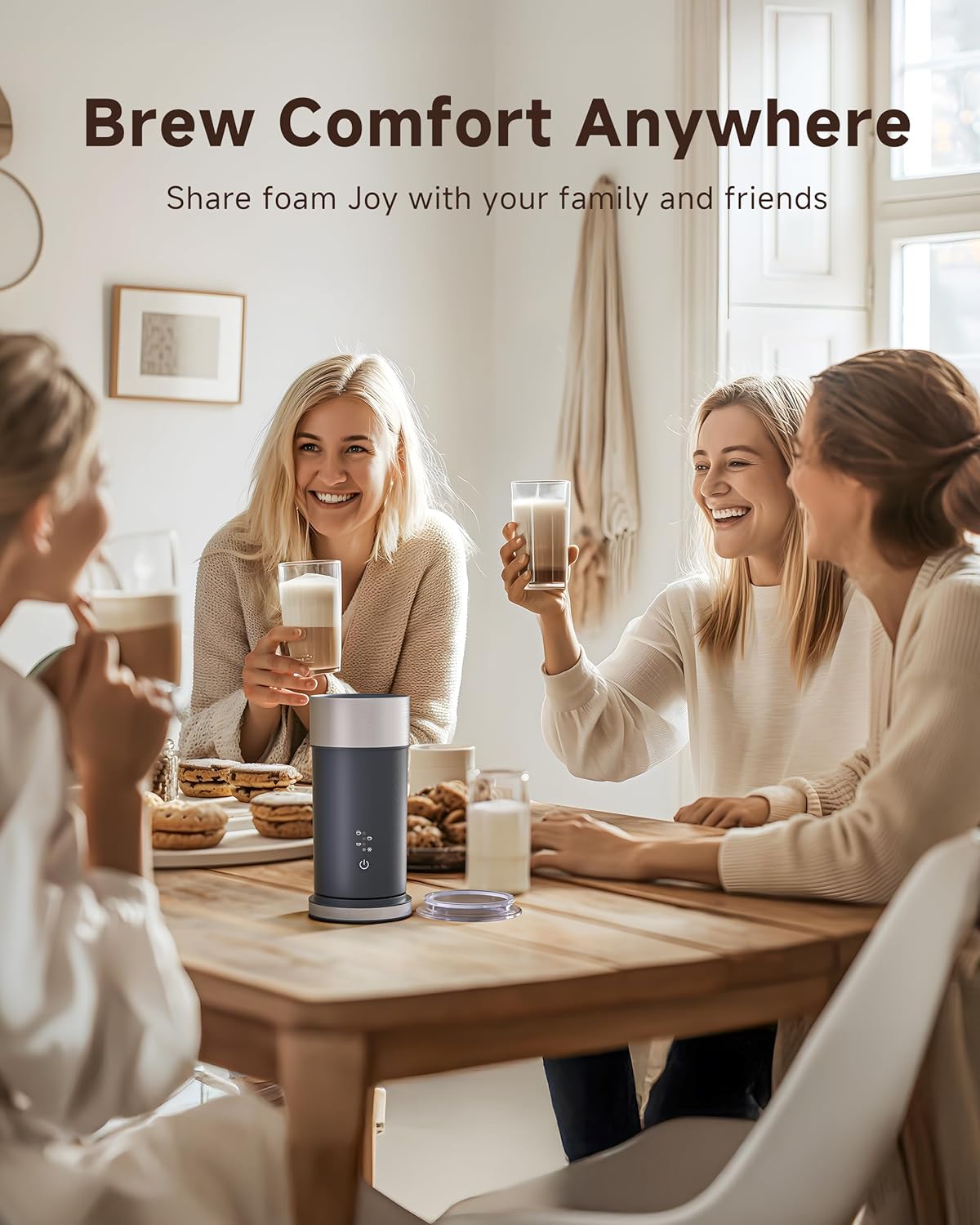 IPX6 Waterproof Electric Milk Frother and Steamer – 4-in-1 Coffee Frother for Hot & Cold Foam, Single-Button Control, Quick 80s Frothing, Milk Steamer for Lattes & Cappuccinos