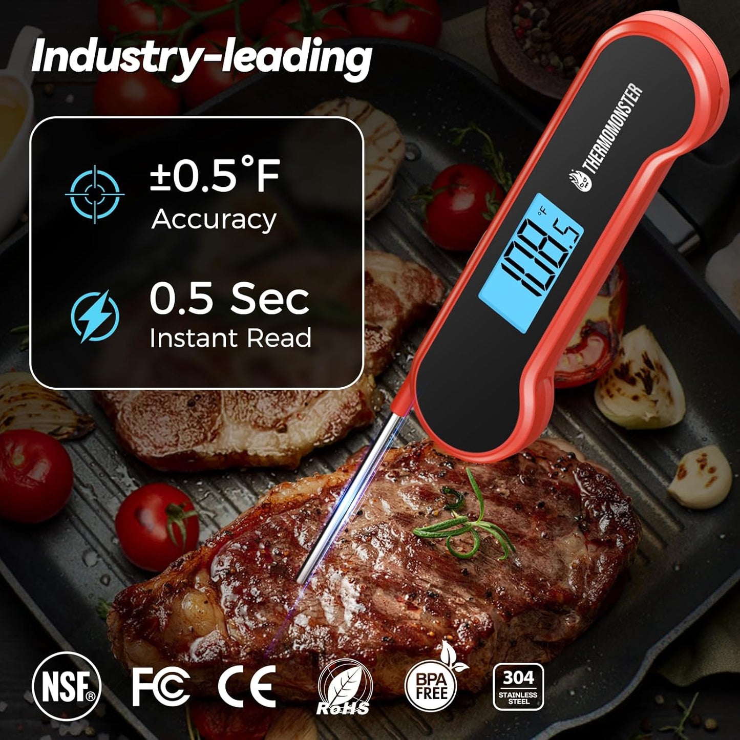 0.5 Sec Instant Read Meat Thermometer Digital with ±0.5℉ Precision, 100% Waterproof Auto Flip Bright LCD Screen, Motion Sensing Food Thermometer for Cooking Kitchen Oven Grill Candy BBQ, Red