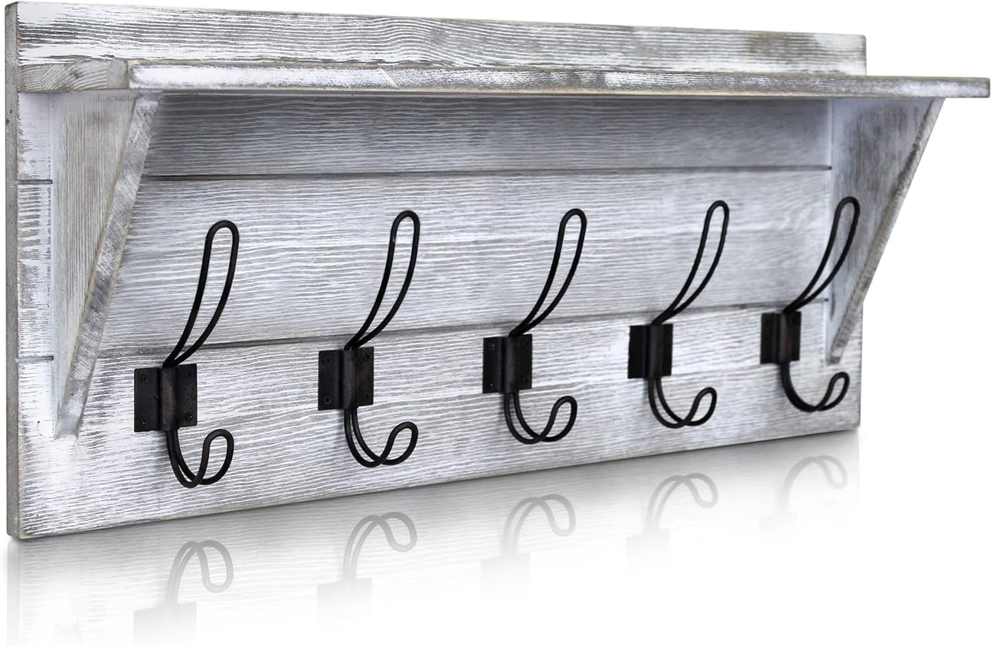 HBCY Creations Rustic Wall Mounted Coat Rack with Shelf - Solid Wood 24" Entryway Shelf with 5 Coat Hangers. Perfect Touch for Your Entryway, Mudroom, Kitchen, Bathroom and More, Whitewash